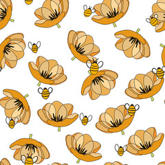 Seamless pattern with bees on floral background. Small wasp. Vector illustration. Adorable cartoon character. Template design for invitation, cards, textile, fabric. Doodle style