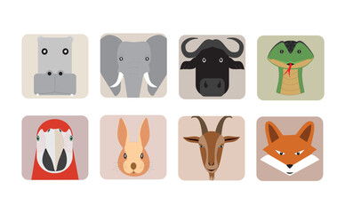 Set of portraits of animals in the form of icons (vector illustration - symbols)	
