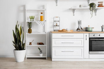 Fototapeta na wymiar Interior of light modern kitchen with shelf unit