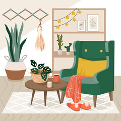 Cozy home interior with armchair, table and green plants. Vector illustration.