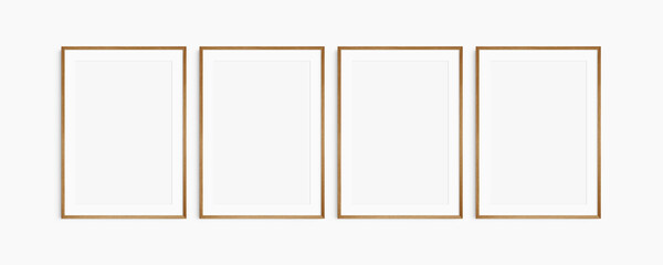 Frame mockup 5x7, 50x70, A4, A3, A2, A1. Set of four thin cherry wood frames. Gallery wall mockup, set of 4 frames. Clean, modern, minimalist, bright. Portrait. Vertical. Mat opening 2:3. - obrazy, fototapety, plakaty