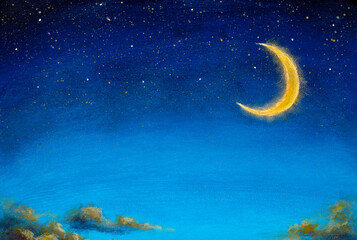 Plakat Big moon in starry night sky Oil painting on canvas beautiful warm clouds in summer sky - painting fragment