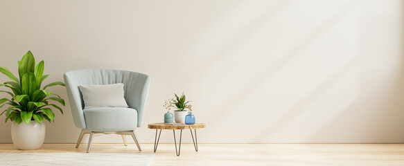 Modern living room interior with armchair and decorating ideas on white wall background.