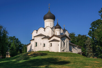 Fototapeta na wymiar St. Basil's Church on the Hill (Church of St. Basil the Great) on Vasilyevskaya Hill on a summer sunny day, Pskov, Russia