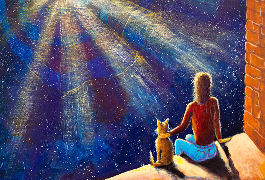 Fantasy Art Romantic Painting Man With Cat Sit And Watch Cosmos, Night Starry Sky With Bright Rays Of Galaxy Illustration For Book Of Fairy Tales And Fantasy