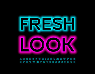 Vector modern emblem Fresh Look. Neon bright Alphabet Letters and Numbers set. Glowing light Font