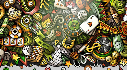 Casino hand drawn doodle banner. Cartoon vector detailed flyer.