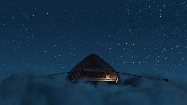 Loop of abandoned wooden boat over fluffy night clouds and starry sky