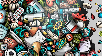 Medicine hand drawn doodle banner. Cartoon vector detailed flyer.