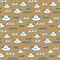 Paper boat cute seamless pattern design. Kids vector print with sailboat origami.