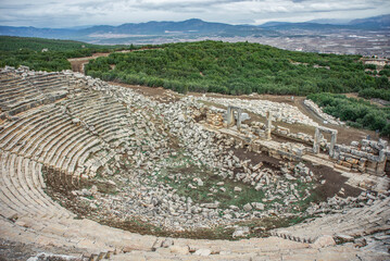Ruined antique theater at archaeological site of ancient settlement of Kibyra on winter day, Turkey