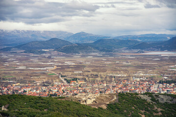 Golhisar city, aerial view on a snowy mountains, Turkey