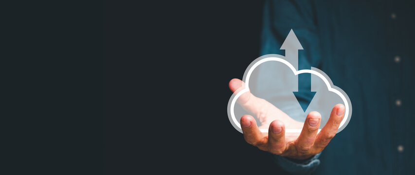 Man hand holding cloud computing concept, Cloud computing concept, Backup Storage Data Internet, networking and digital, Share global, technology concept..