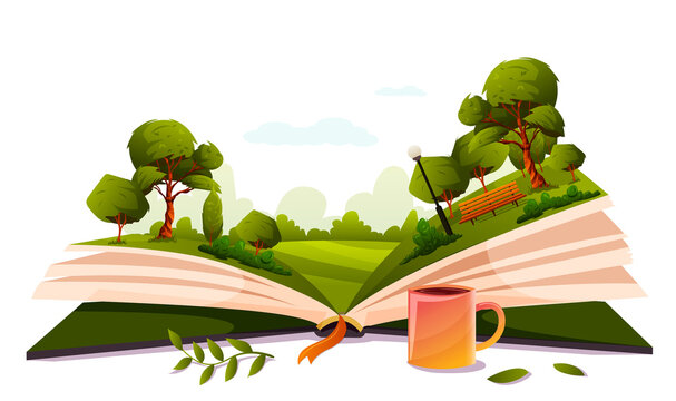 Open book, summer nature, bench, park inside. Imagination, fantasy, magic in literature concept. Season fairy tale, storybook, textbook. Forest landscape picture. Leaf, cup of tea. Vector illustration