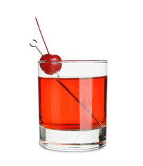 Glass of tasty Manhattan cocktail with cherry on white background