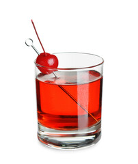 Glass of tasty Manhattan cocktail with cherry on white background