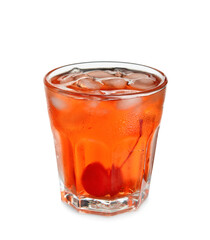 Glass of Manhattan cocktail on white background