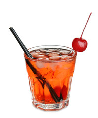 Glass of Manhattan cocktail on white background