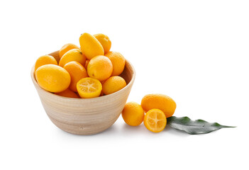 Bowl with tasty kumquat fruits on white background