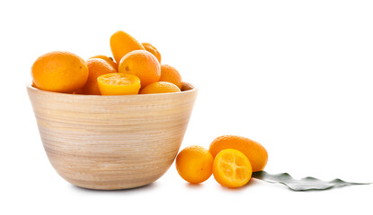 Bowl with tasty kumquat fruits on white background