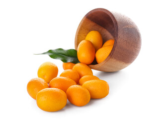 Bowl with tasty kumquat fruits on white background