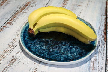 ripe yellow bananas in a beautiful glazed plate bowl on wooden table close up