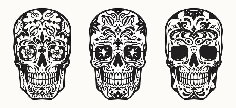 Monochrome set of sugar skulls