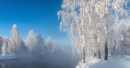 Snow-covered forest on the banks of the winter river, Russia, Ural January