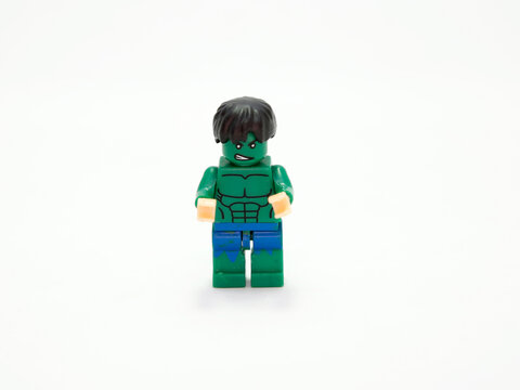 The incredible Hulk. Lego toy.  Classic super hero. Marvel. DC comics. Isolated white. Green man. A man who transforms into a strong, green monster.