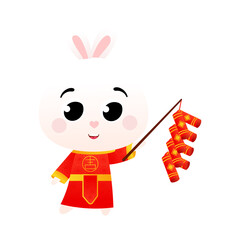 Cute rabbit in chinese national costume holding firecrackers in cartoon style for lunar new year decorative element