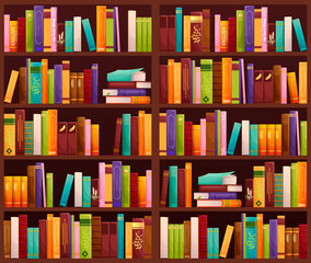 Bookcase, full bookshelves. Collection of books and stack of books on shelf, Library, cabinet, bookstore, bookshop item. Reading literature place. Librarian case. rack. Vector illustration