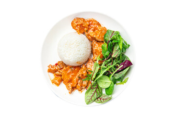 rice meat curry and leaves lettuce mix fresh portion dietary healthy meal food diet still life snack on the table copy space food background rustic top view