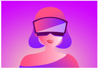 woman wearing virtual reality goggle glass, having 3d experience in virtual reality  vector illustration. Metaverse and blockchain 3D experience technology concept

