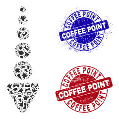 Round COFFEE POINT scratched stamp imitations with tag inside circle shapes, and fraction mosaic arrow down icon. Blue and red stamp seals includes COFFEE POINT tag.