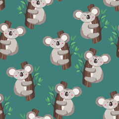 Seamless pattern with cute koala baby on color background. Funny australian animals. Card, postcards for kids. Flat vector illustration for fabric, textile, wallpaper, poster, paper