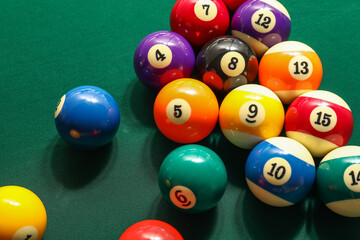 Different billiard balls on green table