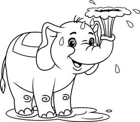 Funny cartoon baby elephant that pours water. Black and white vector illustration for coloring book.