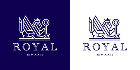 Heraldic royal winged lion logo with key line icon. Luxury heraldry gryphon symbol. Premium quality griffin insignia vector illustration. © JoelMasson