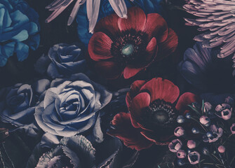 Moody dark close-up of blue and purple garden flowers. Floral pattern - obrazy, fototapety, plakaty