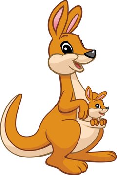 Cartoon. Happy Mother Kangaroo With Her Little Cute Baby Kangaroo. Animals Vector.