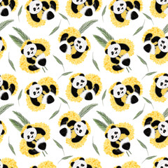 Pandas and flowers. Mimosa. Spring seamless pattern.  Botanical illustration. Animal print.