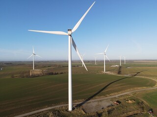 Very high resolution 48Mpx drone close-up of working Wind Turbines in Withernsea, UK