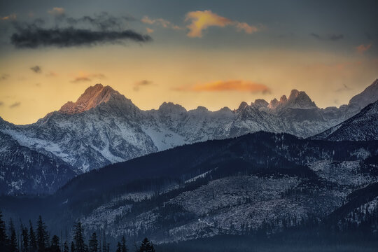 sunrise on Lomnicky stit peak from the Polish side of the Tatras