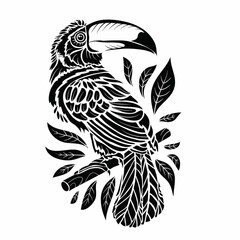 stylized hoopoe sits on a branch in black, logo, isolated object on a white background, vector illustration,