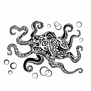 stylized octopus in black color, logo, isolated object on a white background, vector illustration,