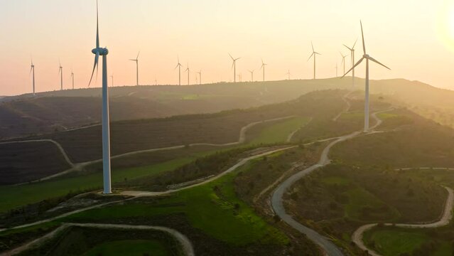 Wind energy farm green sunrise fog electricity generator