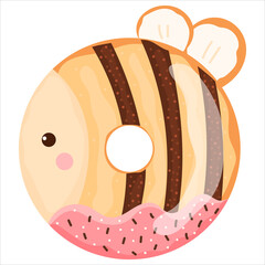 Cute bee with face donut with pink and chocolate glaze, tasty sweets for kids in cartoon childish style
