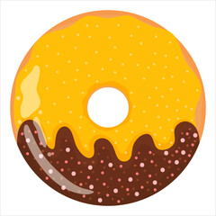 Tasty donut with yellow and chocolate glaze, delicious sweets for kids in cartoon childish style isolated