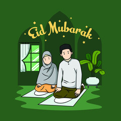 Muslim couple praying together at night to celebrate Eid, people illustration
