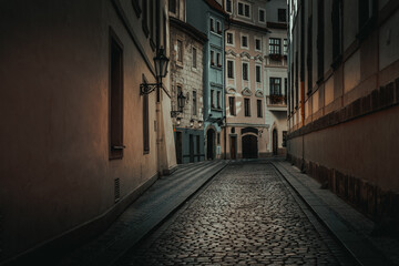 Fototapeta na wymiar paving stones on Prague street in the evening